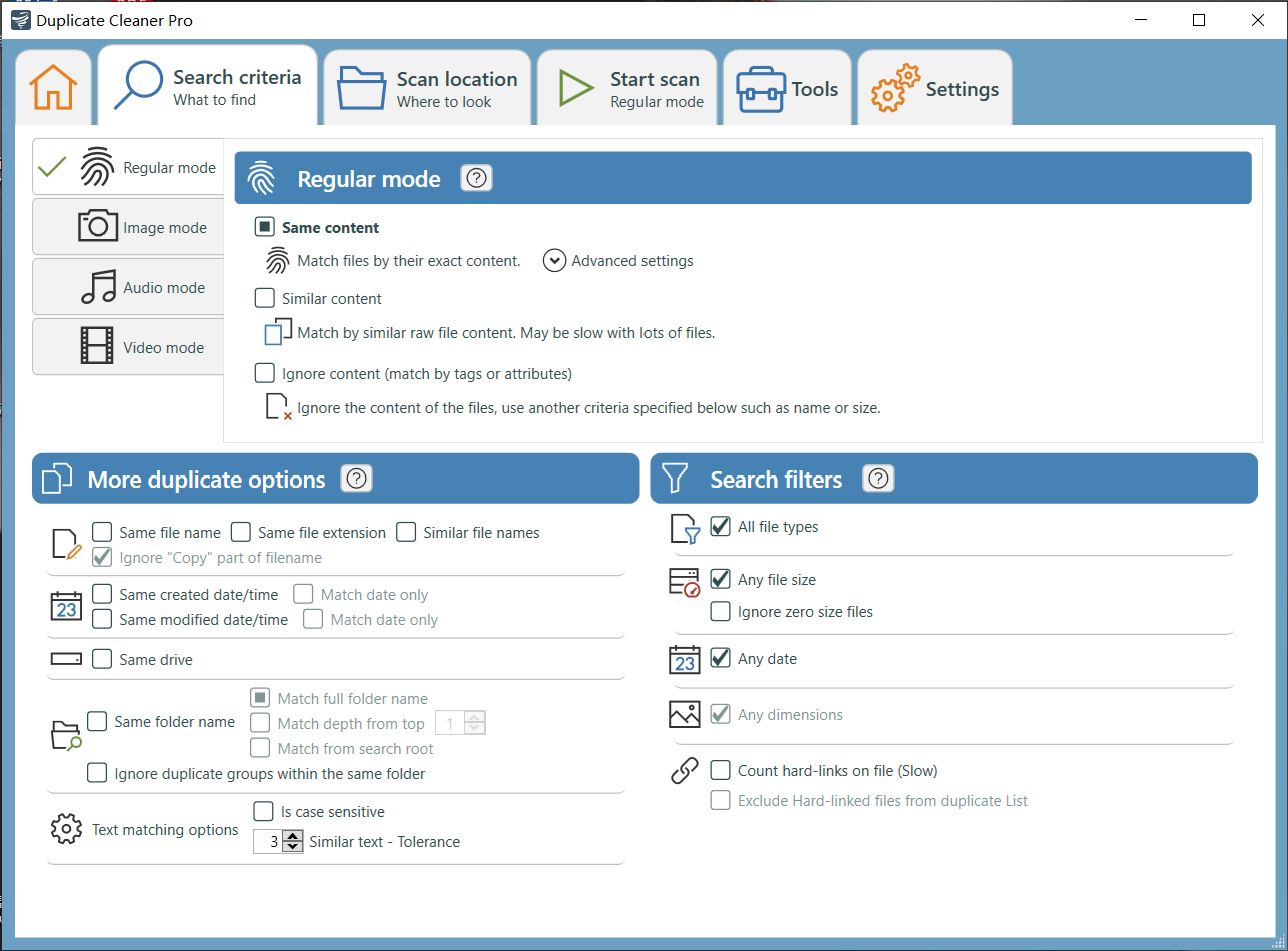 Duplicate Cleaner Pro interface showing the Regular mode settings