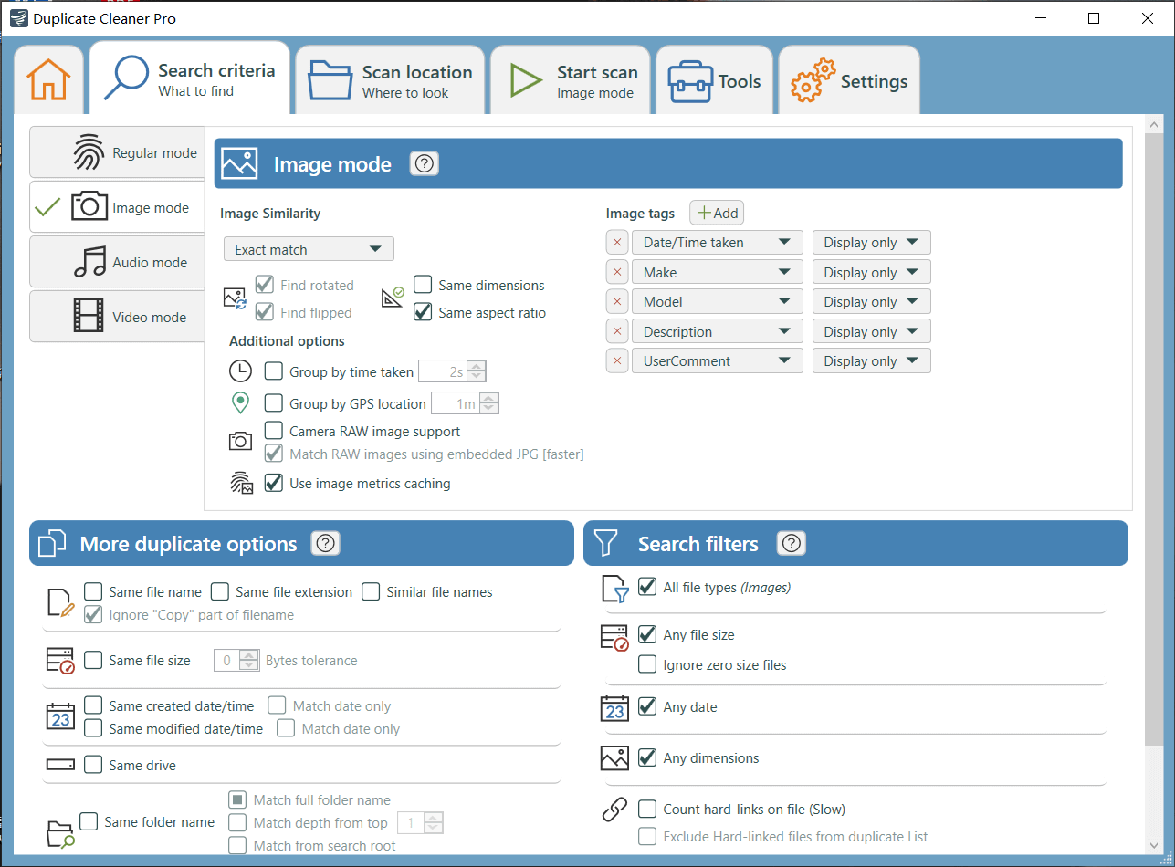 Duplicate Cleaner Pro interface showing the Image mode settings