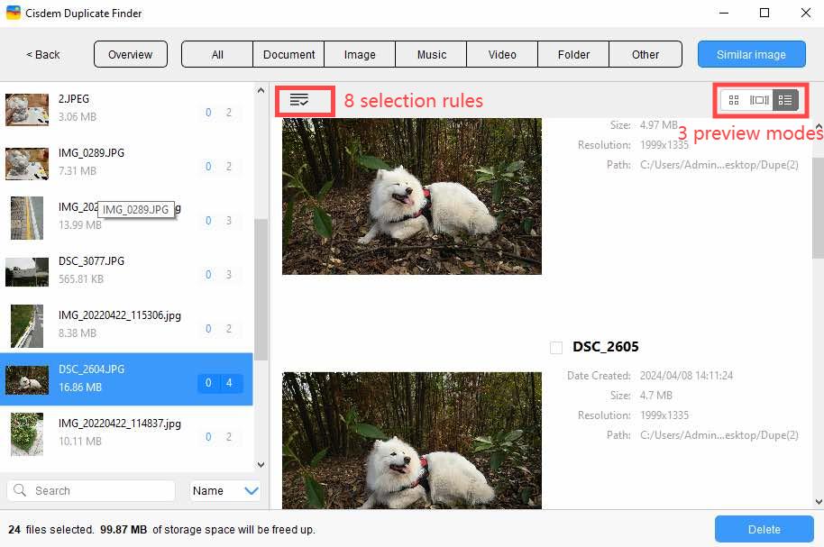 8 selection rules and 3 preview modes