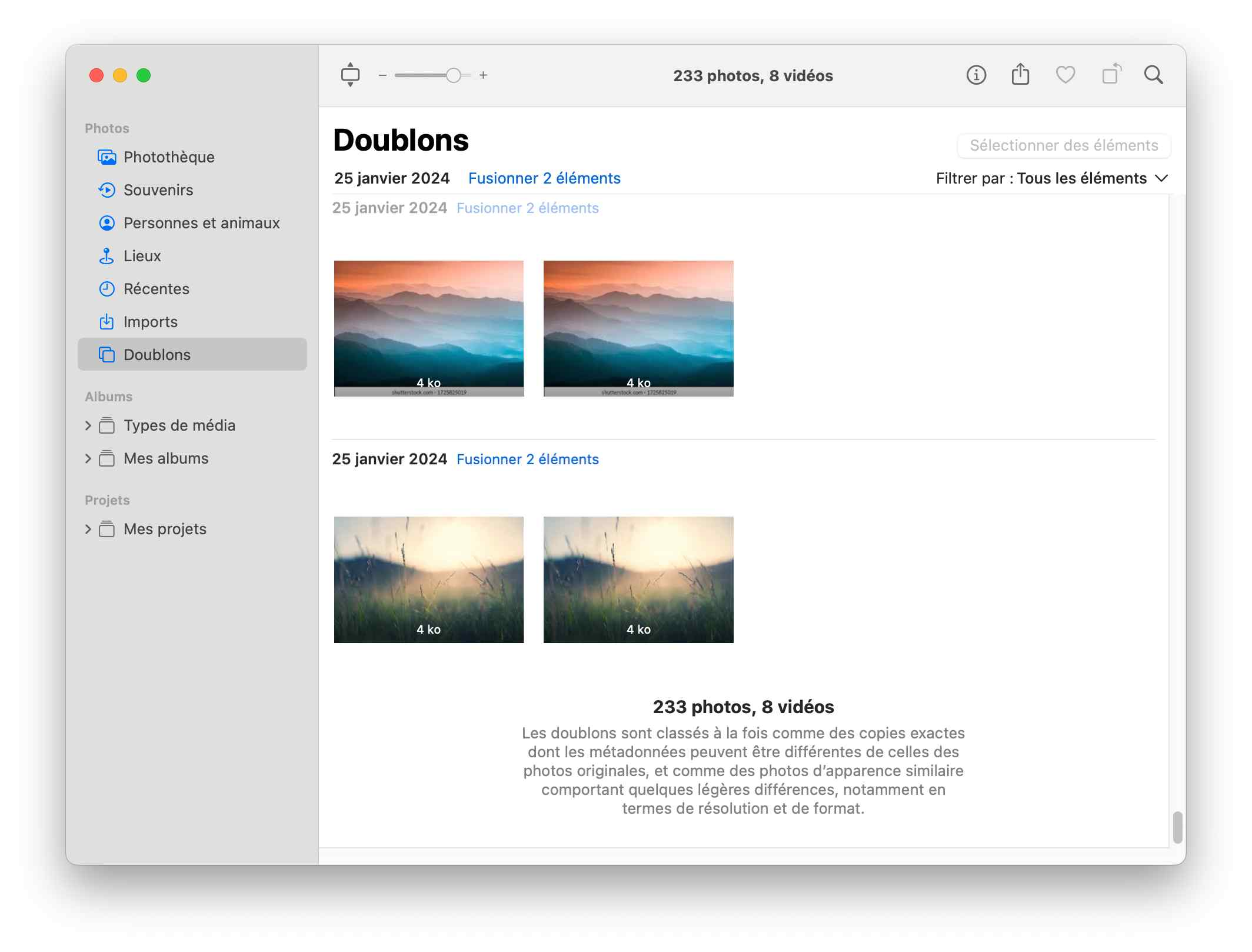 l'album Doublons dans l'application Photos