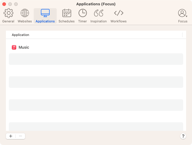 HeyFocus' Applications Preferences showing a Block list