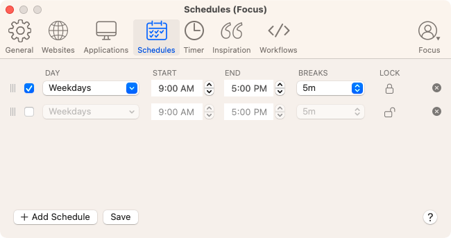 HeyFocus' Schedules Preferences showing settings for selecting days and times and more
