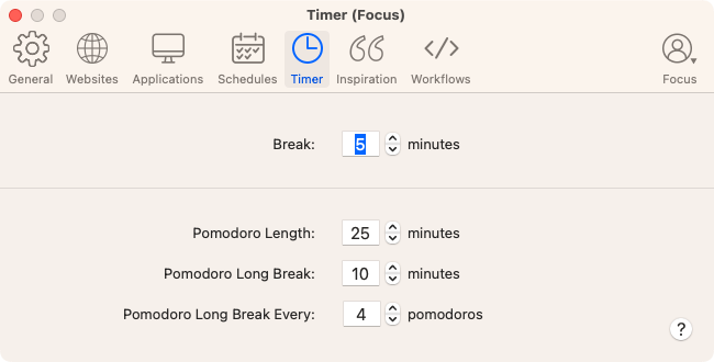 HeyFocus' Timer Preferences showing Pomodoro settings