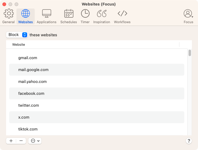 HeyFocus' Websites Preferences showing a Block list that include several popular websites such as facebook.com and tiktok.com