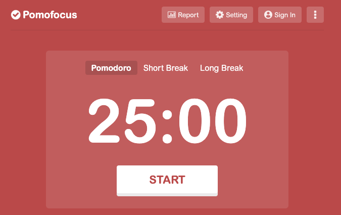 Pomofocus interface showing a Pomodoro timer and a Start button