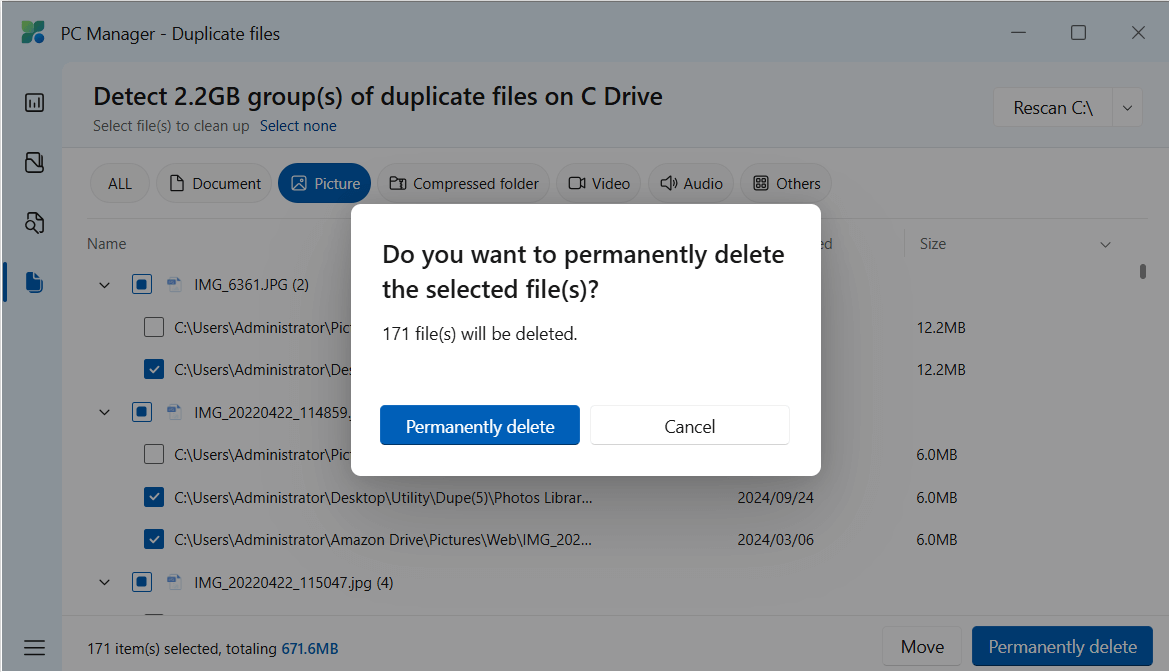 a Do you want to permanently delete the selected files message box with a Permanently delete button and a Cancel button
