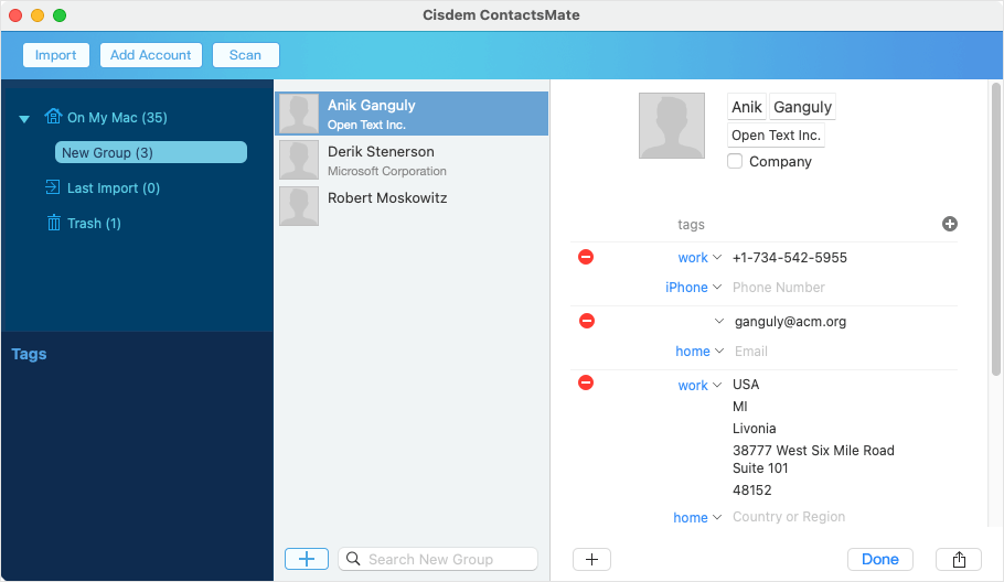ContactsMate interface showing an editing area for contact information, including name, company, phone number, email address, home address, and more