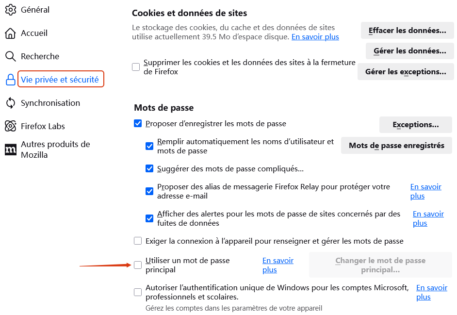 créer un mot de passe principal de sécurité personnelle firefox