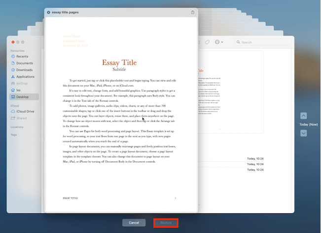 Récupérer un document Pages supprimé sur Mac Time Machine