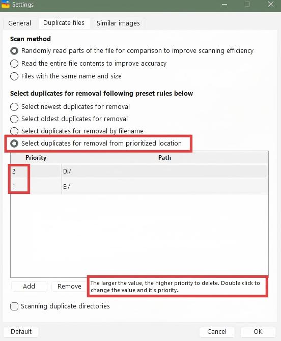 Duplicate files tab in Settings