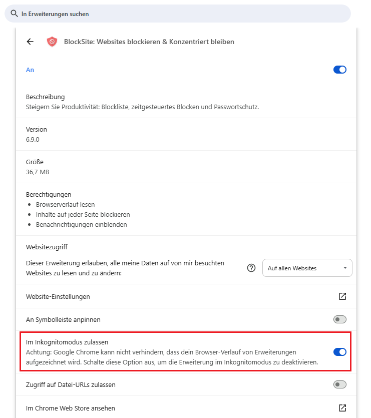 im Inkognitomodus zulassen aktivieren