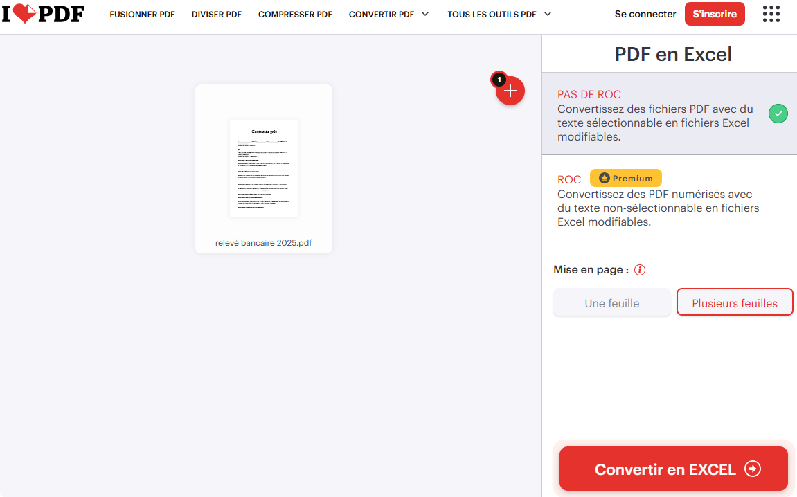 convertir relevé bancaire PDF en Excel ilovepdf