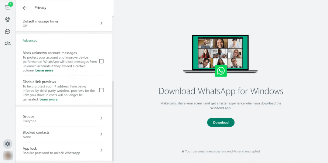 WhatsApp Web interface showing several Privacy settings