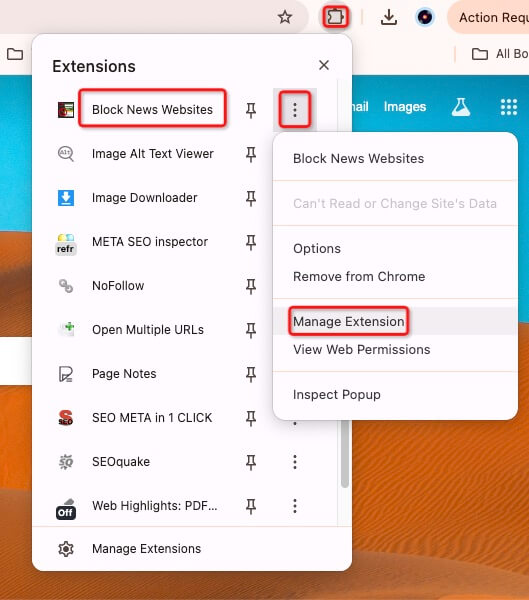 More options menu for Block News Websites showing Manage Extension and several other options