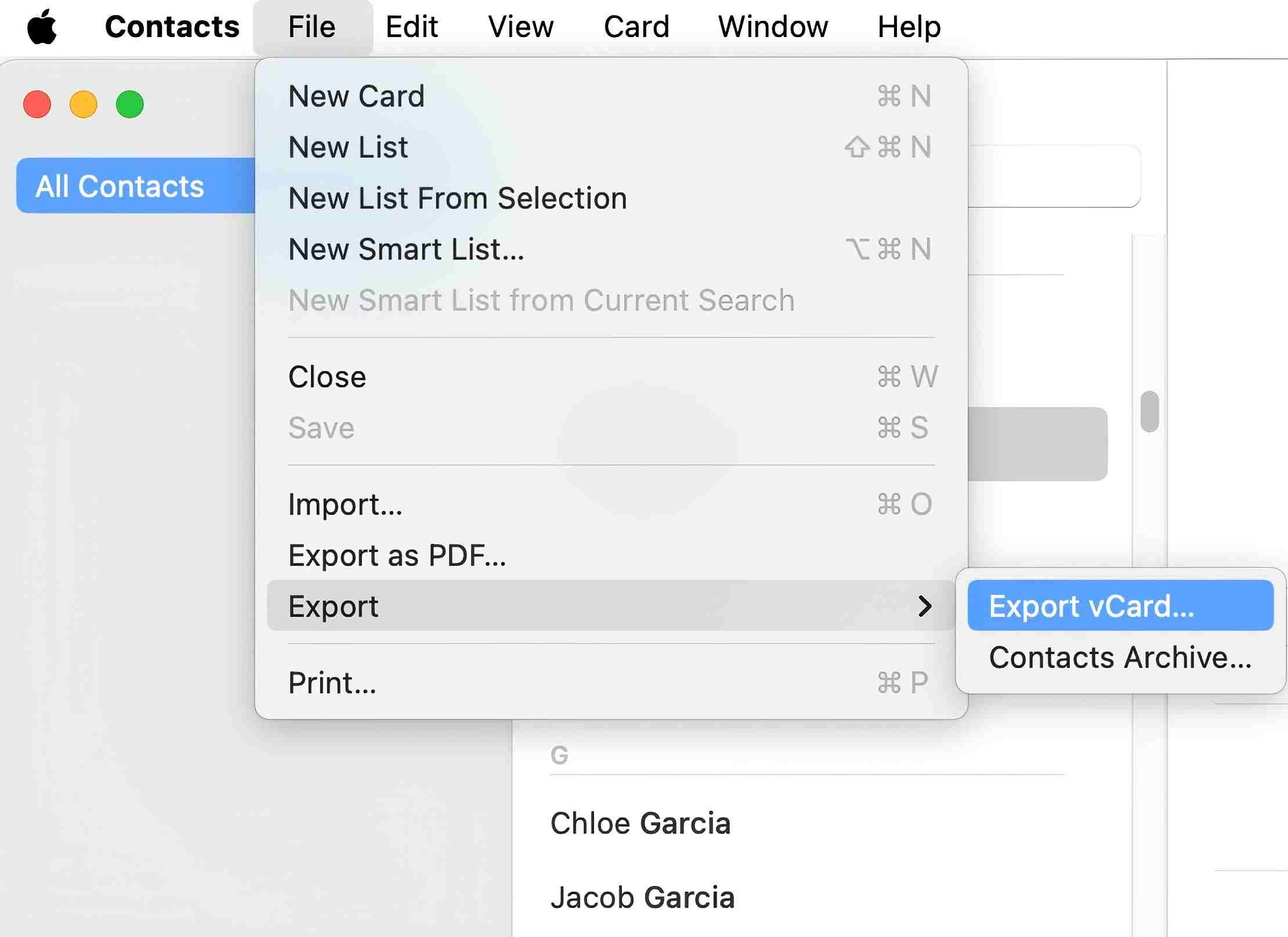 export vCard