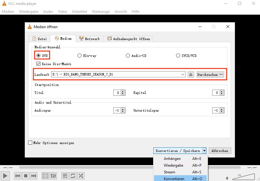 Schritt zum Rippen von DVDs mit vlc unter Windows