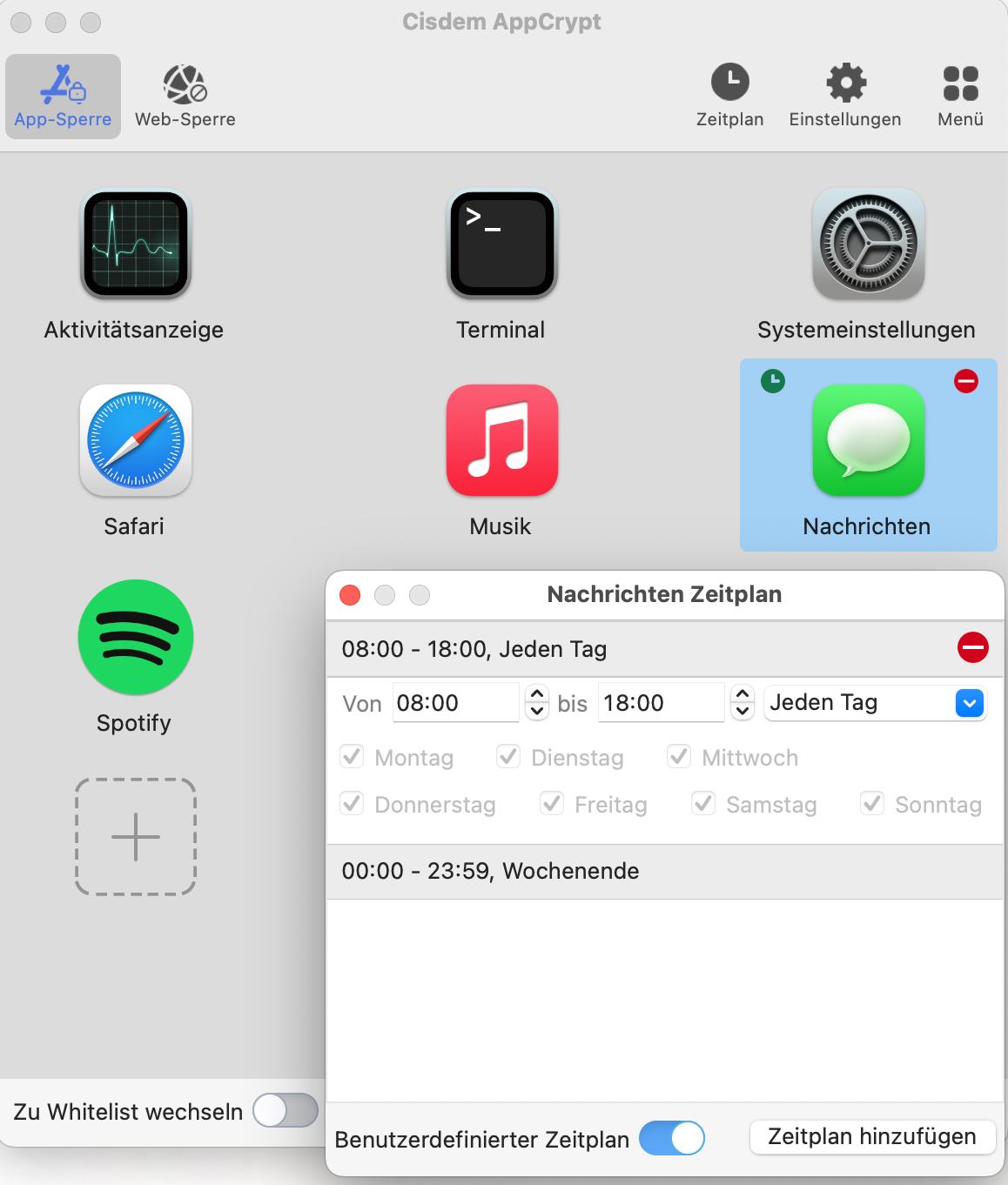 Wenn Sie eine App auf der Registerkarte „App-Sperre“ auswählen, werden Einstellungen zum Planen der App-Sperre angezeigt