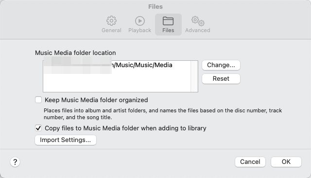 the Media folder location shown in the Music app's Settings