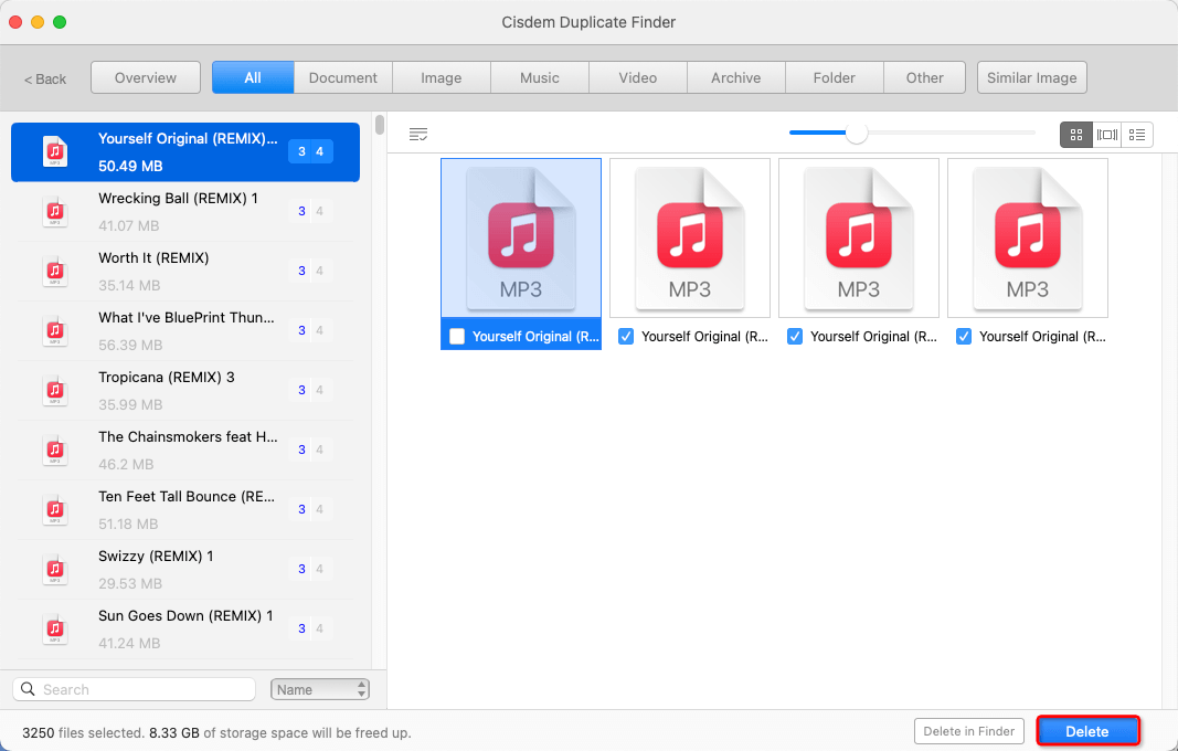Cisdem Duplicate Finder's All tab showing several groups of duplicate songs on the left and four copies of a song named Yourself Original on the right