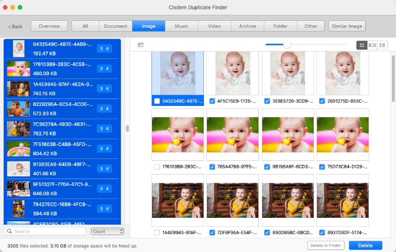 duplicates are selected in each group of duplicate baby photos
