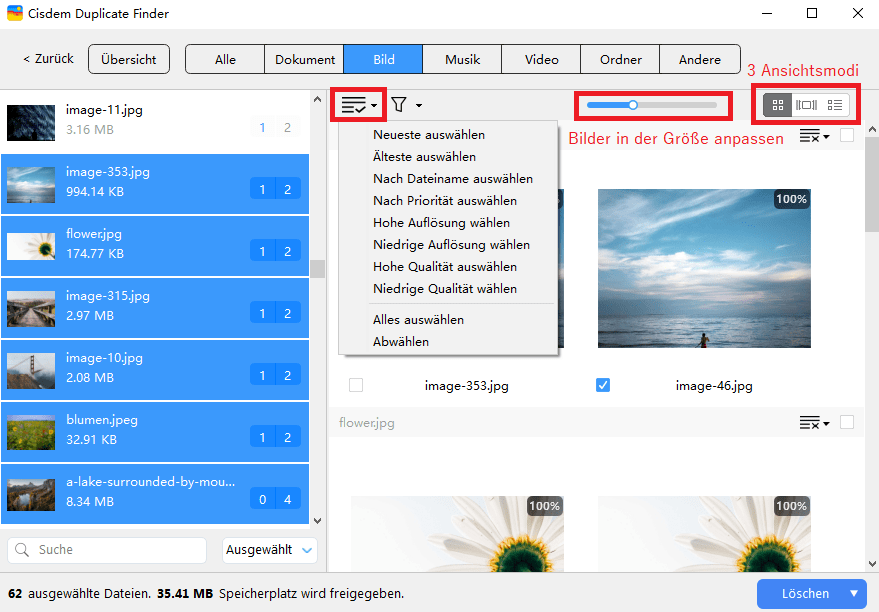 Duplikate werden zum Löschen ausgewählt