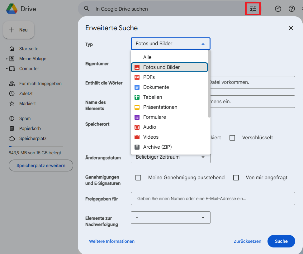 die erweiterten Sucheinstellungen