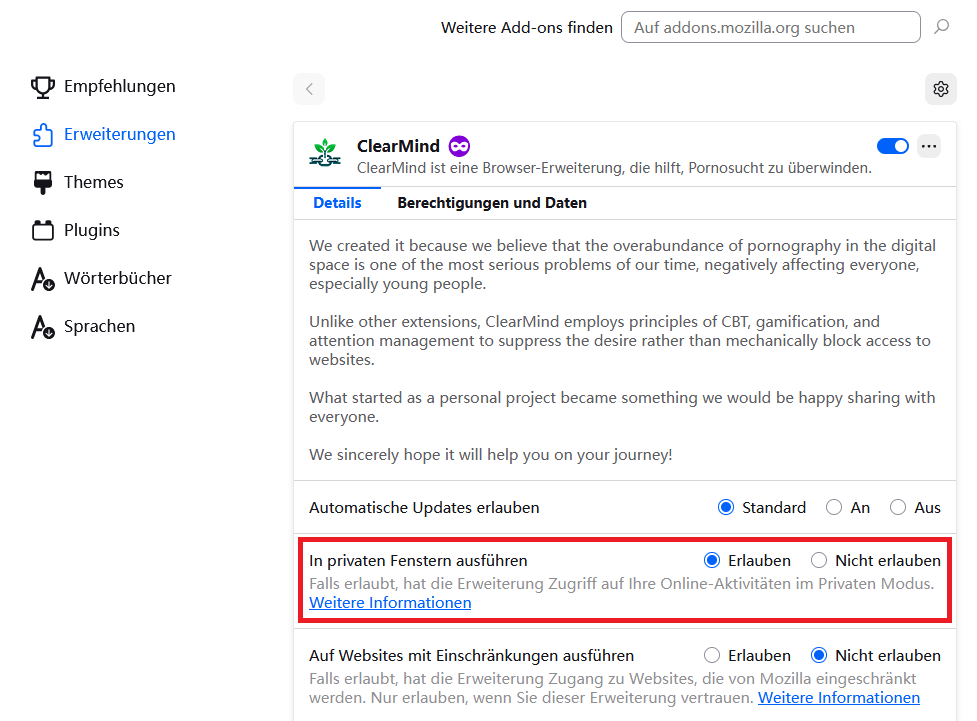 die Option In privaten Fenstern ausführen einschalten