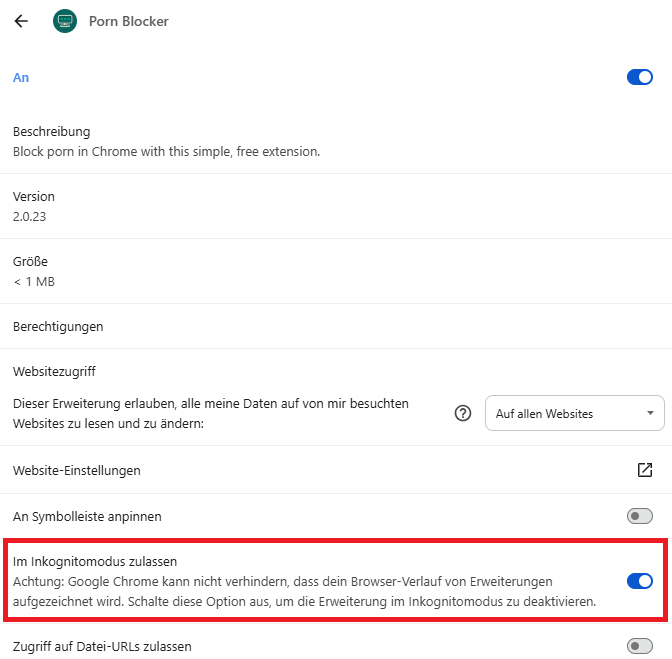die Option "im Inkognitomodus zulassen" aktivieren