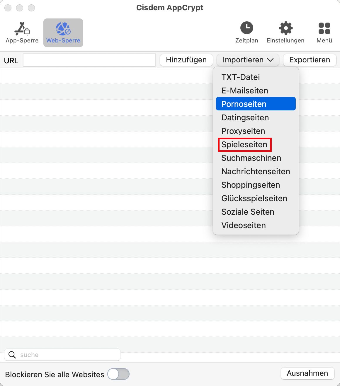 Websites nach Kategorien blockieren