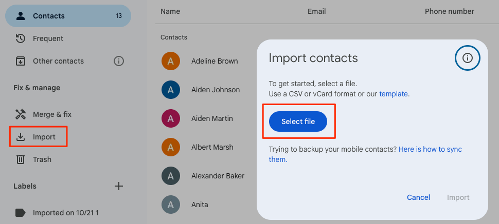 choosing Import bringing up a dialog for importing contacts