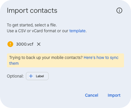 Import contacts dialog showing a warning sign