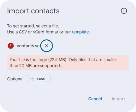 Import contacts dialog showing a Your file is too large error message