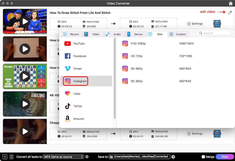 convert youtube videos to instagram