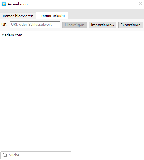 die Registerkarte Immer zulassen im Dialogfeld Ausnahmen zeigt an, dass eine Website hinzugefügt wurde