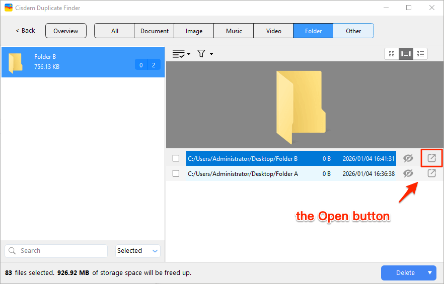 a Folder tab showing two folders along with two Open buttons