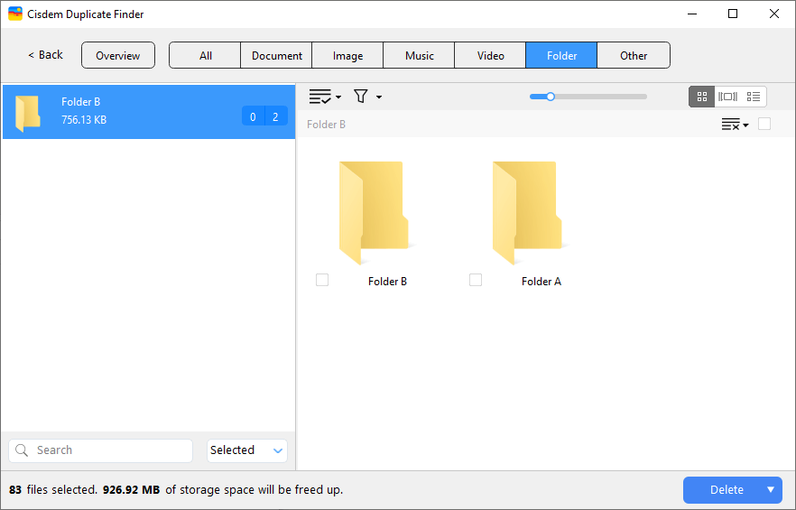 a Folder tab showing two folders side by side