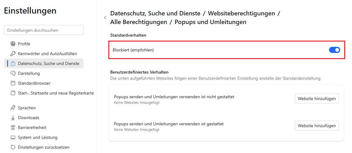 pop-ups and redirect