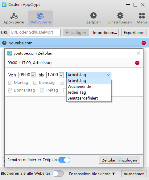 die Registerkarte Web-Sperre