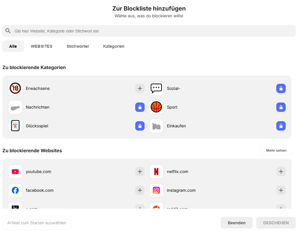 the Add to Block List screen displaying three tabs and the Websites tab being chosen