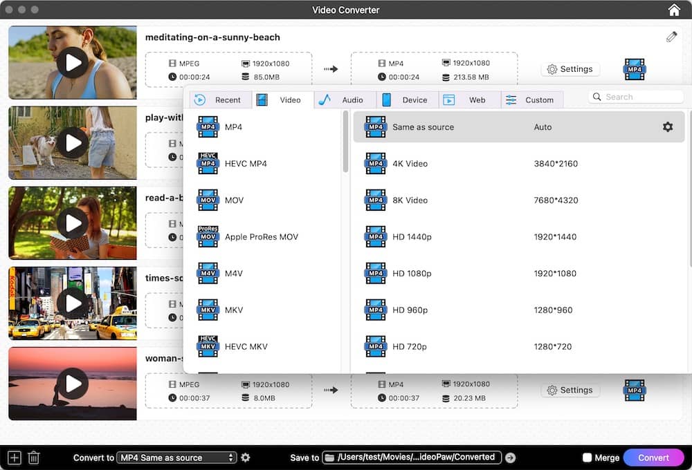 choose output format via videopaw