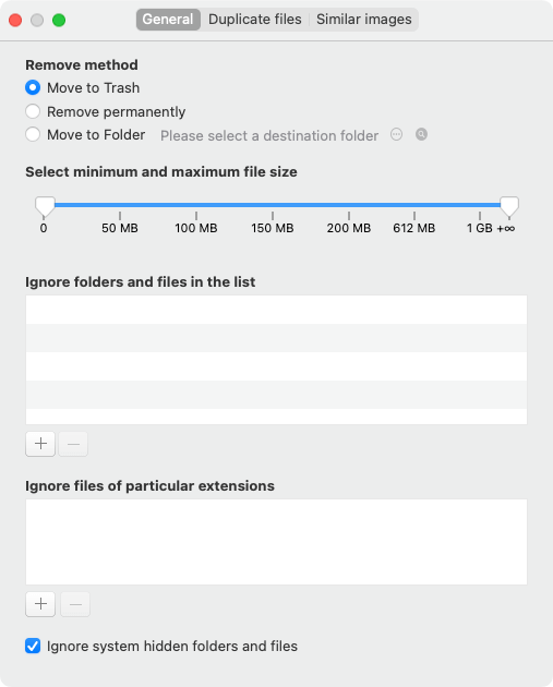 a General tab showing several settings, such as Ignore folders and Ignore files