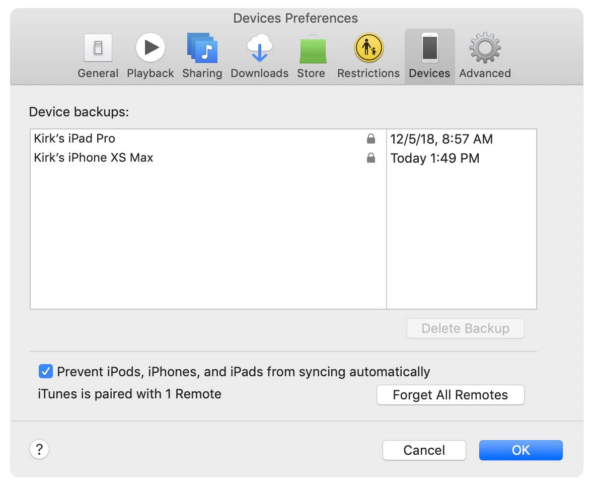 select an iTunes backup to delete