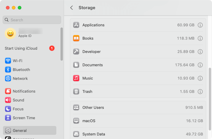 a Storage screen showing several categories and how much space each category uses
