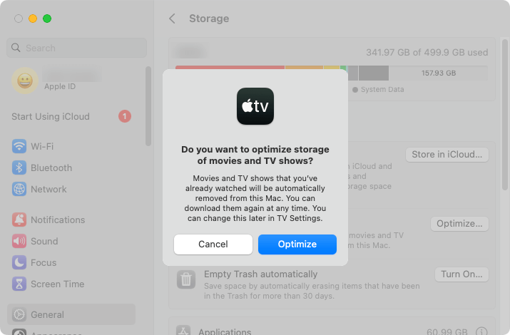 a message with an Optimize button along with a Cancel button