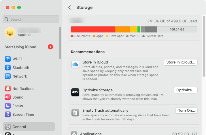 a Storage screen showing the storage usage status
