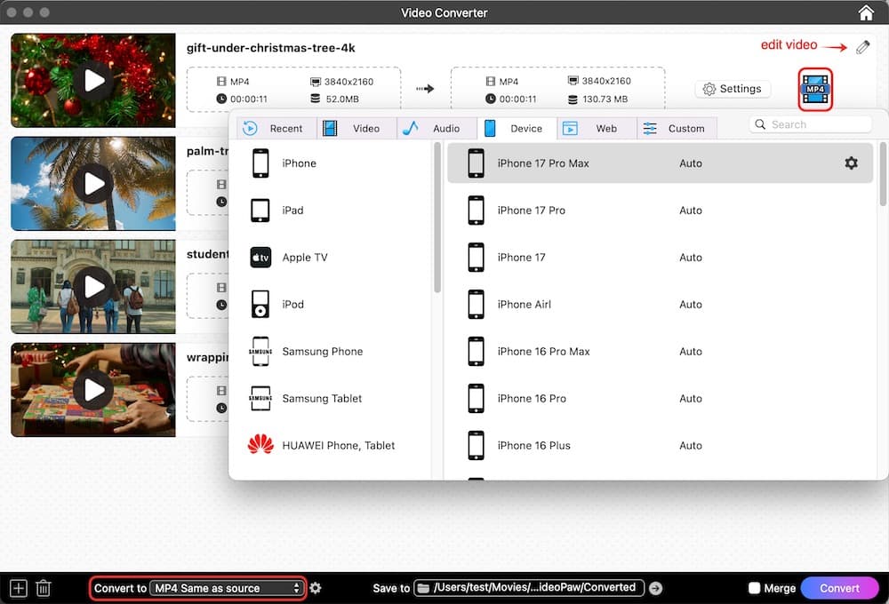 choose output format for iphone