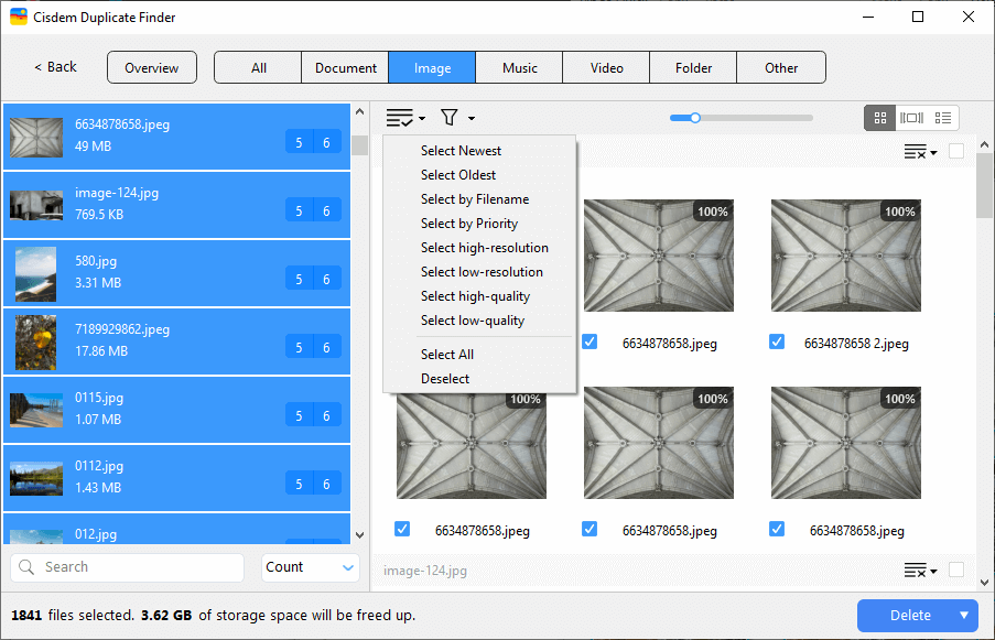 a list of selection rules to help users mass select Picasa duplicates to delete