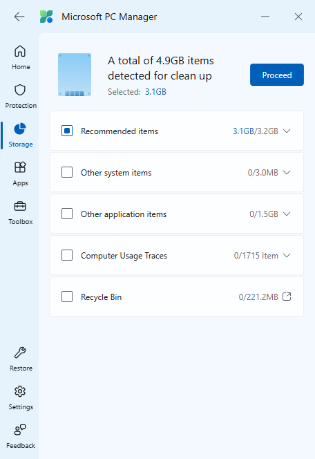 a results window showing five types of junk files and the space each takes