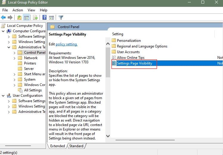 settings page visibility