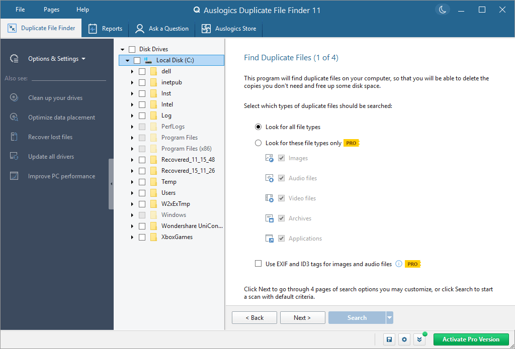 Auslogics Duplicate File Finder search settings